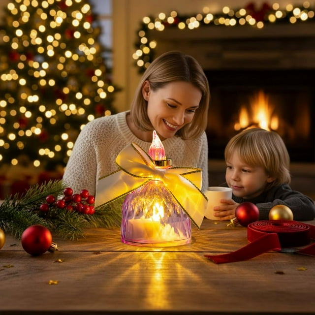 Feltree Flameless LED Candle with Christmas Bow Design - Safe Battery-Operated Crystal Night Light for Holiday Decor, Tabletop, Party and Gifts