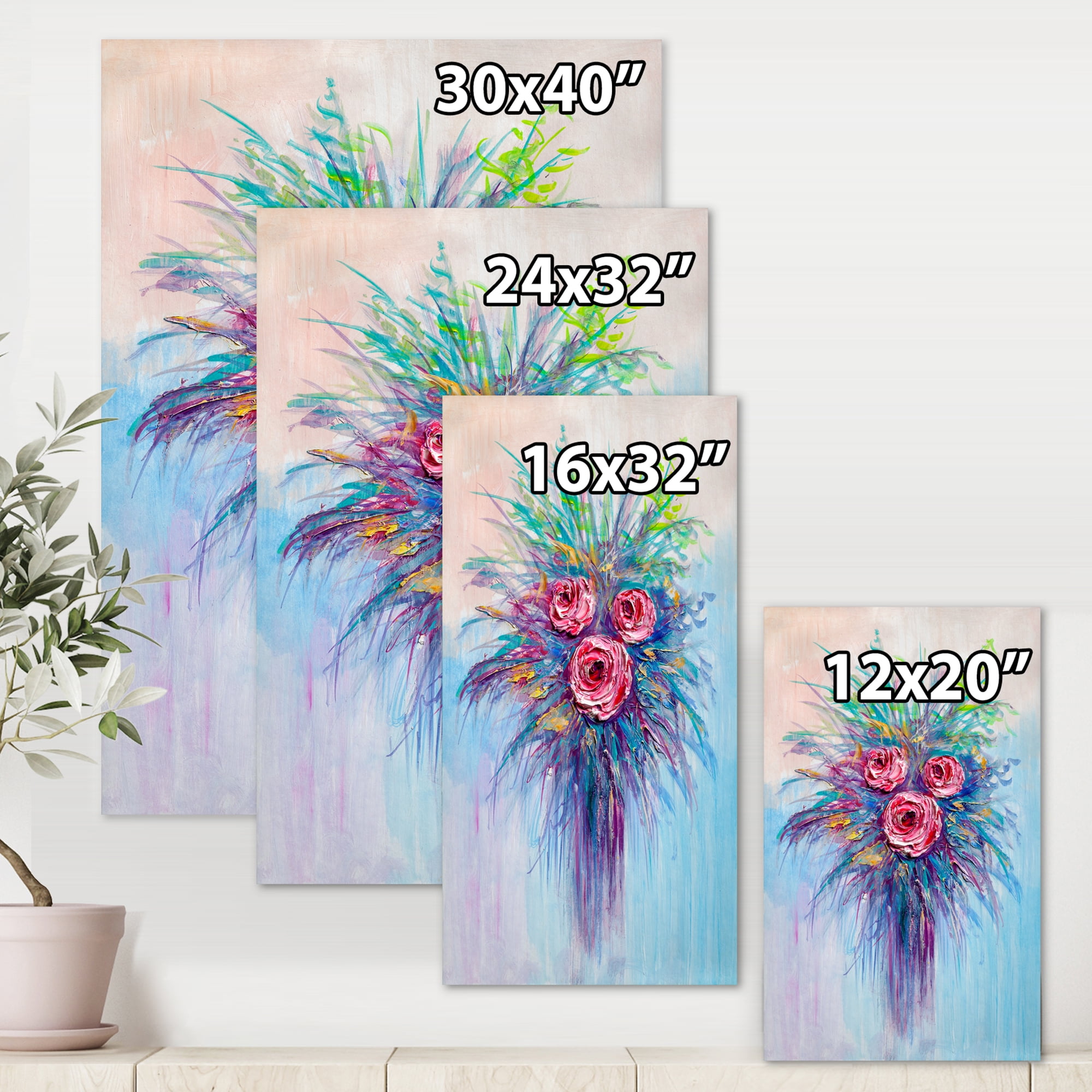 Designart ' Bouquet Of Red Roses In A Vase On Blue ' Traditional Canvas Wall Art Print