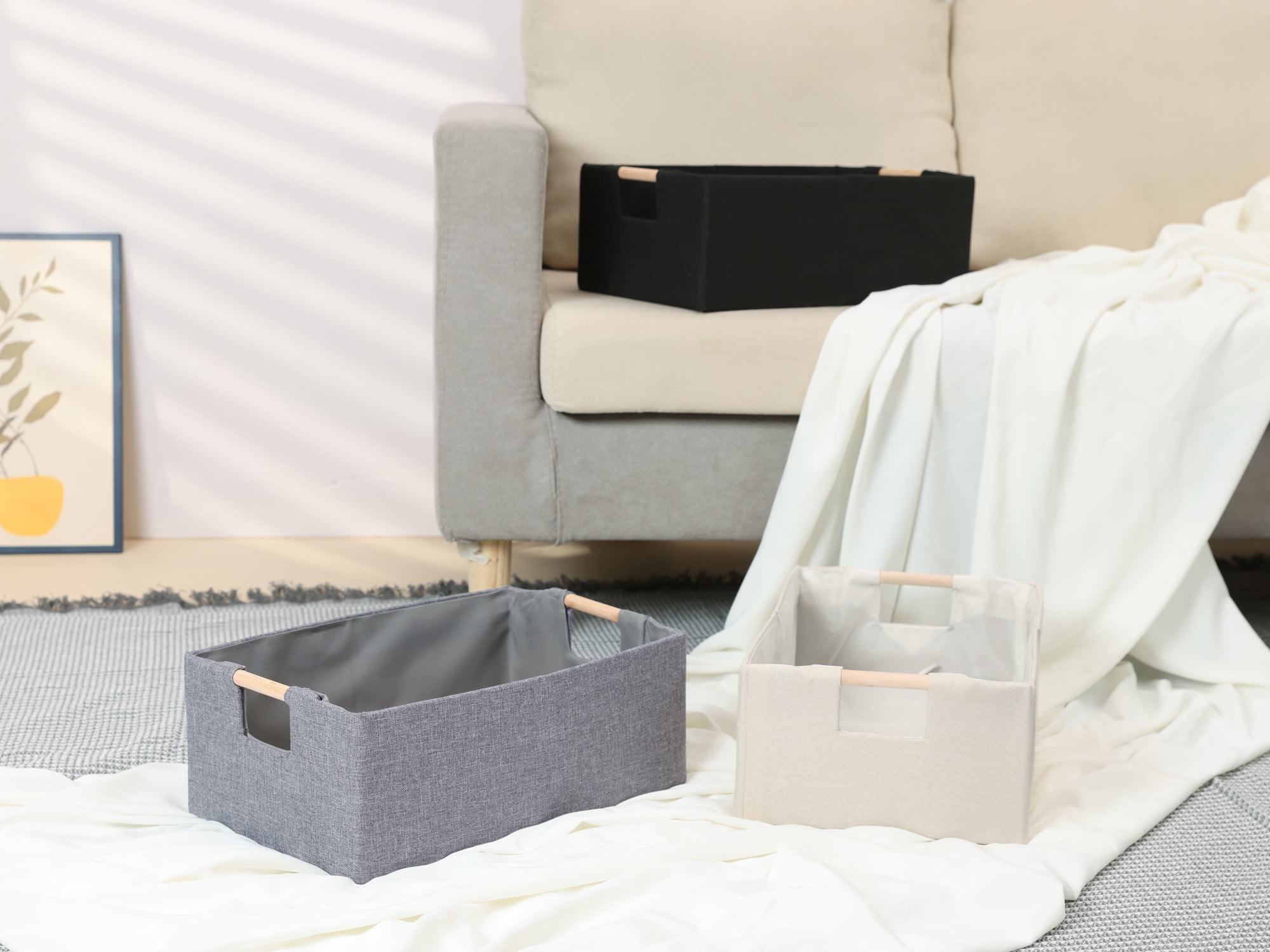 Unique Bargains Foldable Storage Basket with Wood Handles Gray 15*10.6*5.9