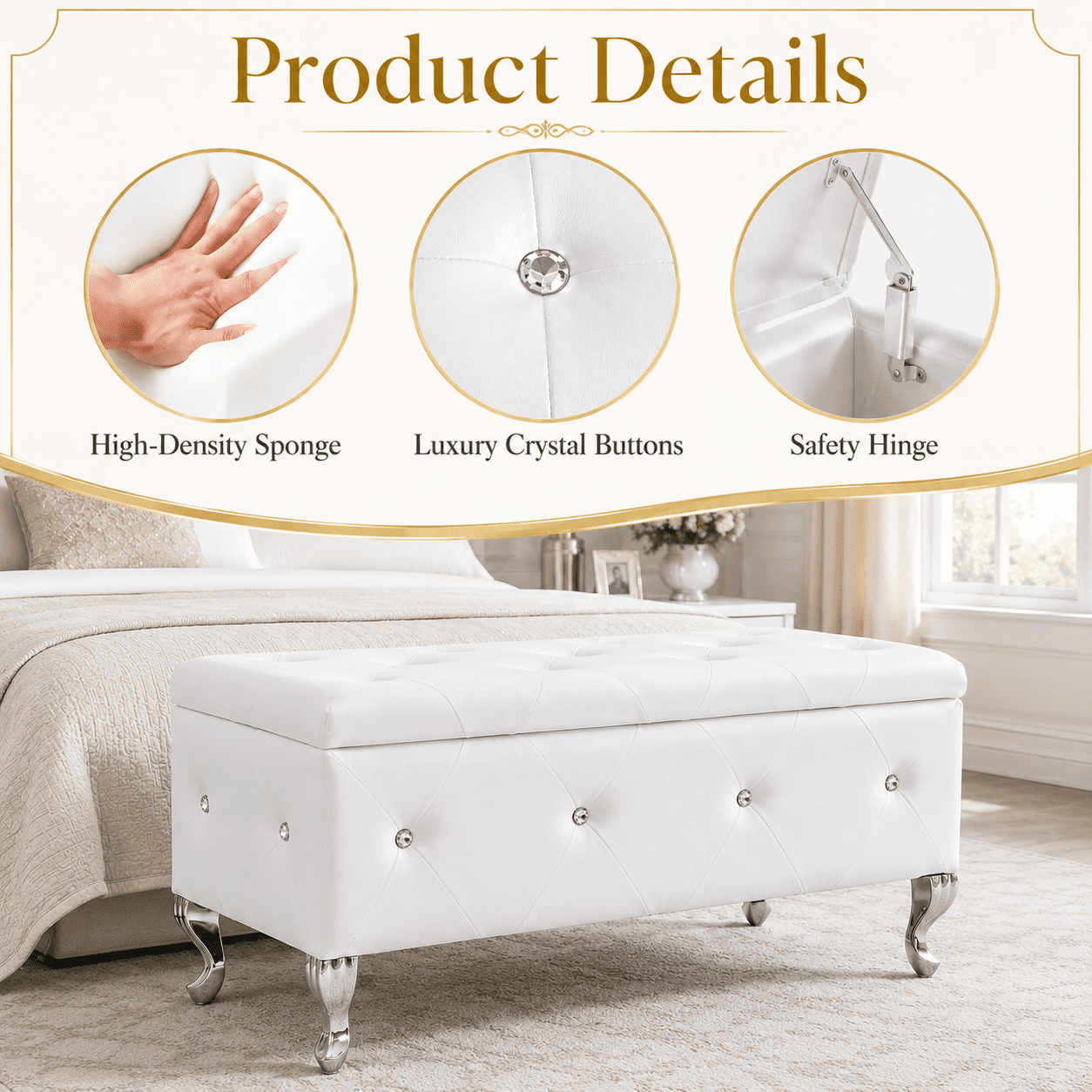 Aukfa 38" Upholstered Storage Ottoman Bench with Hidden Storage, Crystal Tufted Faux Leather Bed Bench, 380 lb, White