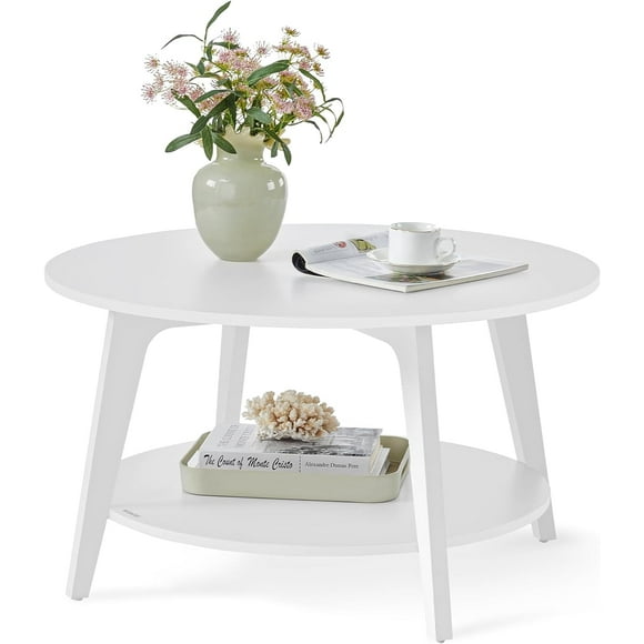 Round Coffee Table, 2 Tier Coffee Table with Storage, for Living Room, 31.5 x 17.7 Inches, Easy to Assemble, Snow White