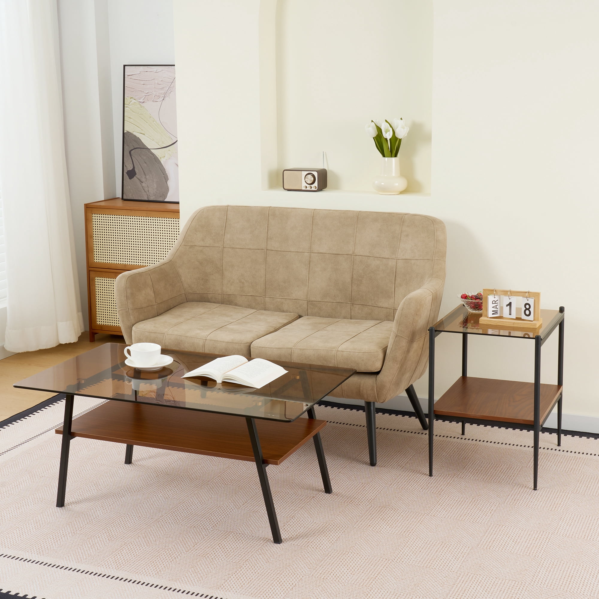 Euroco Rectangle Coffee Table, Tempered Glass Tabletop with Black Metal Legs, Modern Table for Living Room , Brown Glass