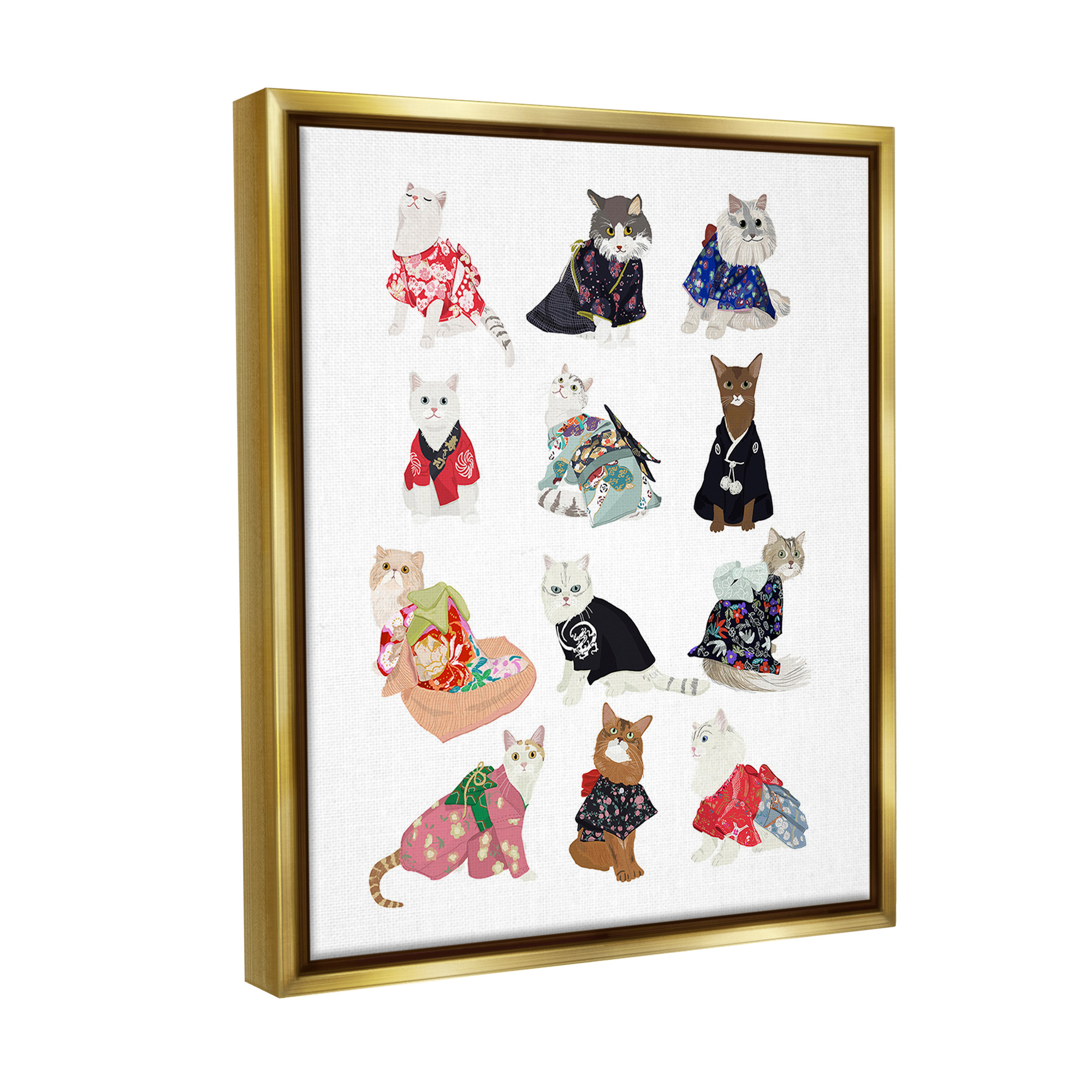 Stupell Industries Cats in Traditional Kimono Animals & Insects Painting Gold Floater Framed Canvas Art Print Wall Art, 25 x 31