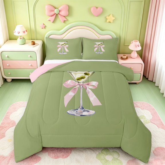 Manfei Cute Bowknot Goblet Full Size Comforter Sets,Pink Girly Bowtie Bedding Comforter Set,Pink Reversible,3pcs,1 Comforter and 2 Pillowcases
