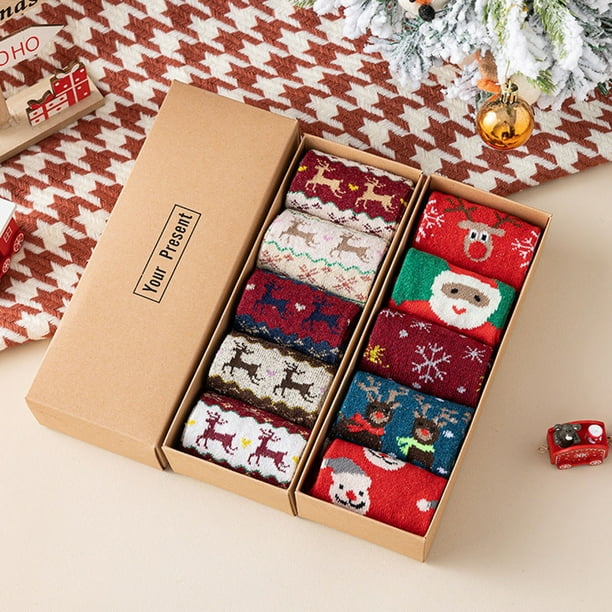 Calcetines Navideños de Lana para Mujer, Calcetines de Media Pantorrilla con Ciervo Japonés, Modelos de Mujer E Invierno, Calcetines En Caja de Regalo.