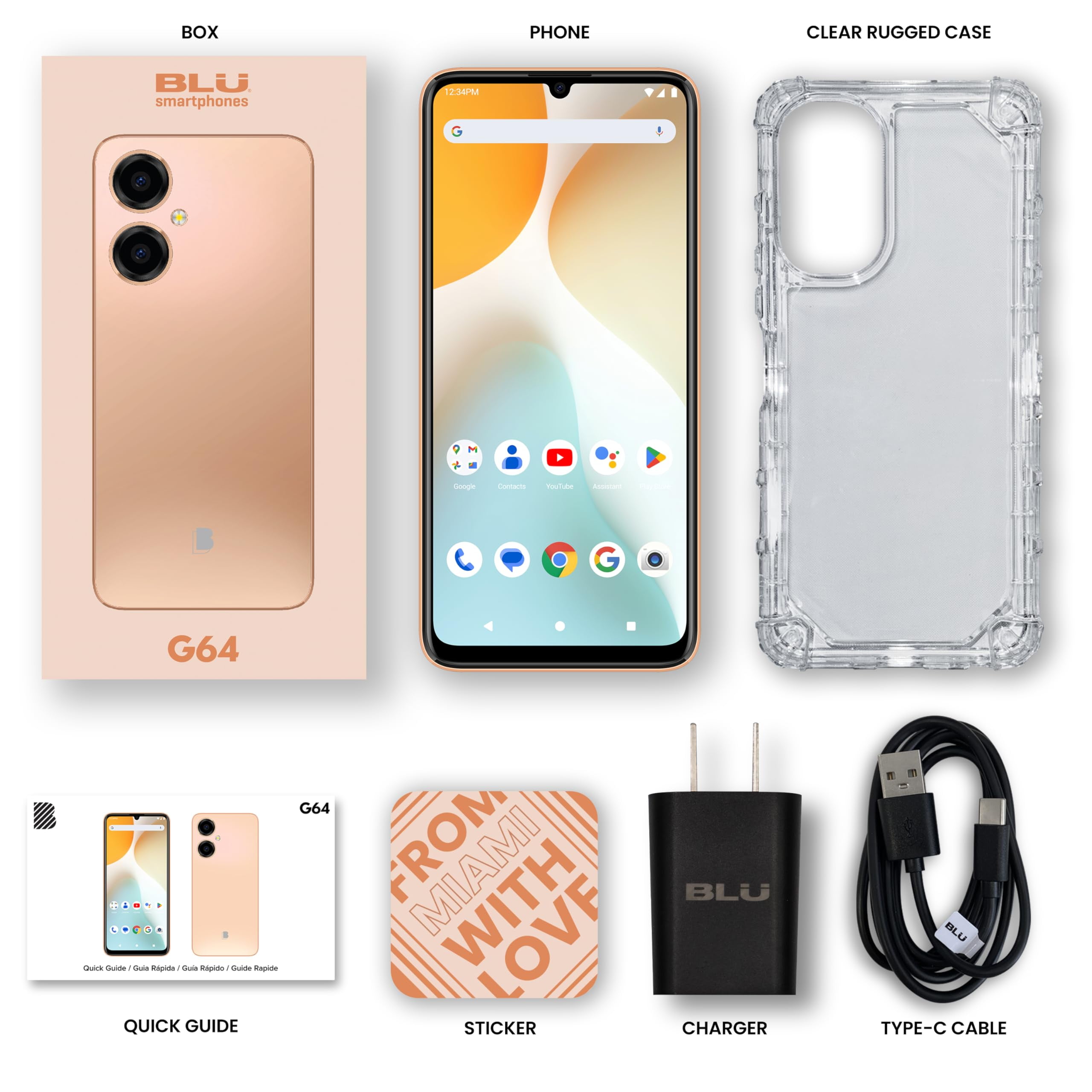 BLU G64 G1010WW 6.8" HD+ Infinity 256GB Dual-SIM 4G LTE GSM Smartphone, Unlocked, Peach