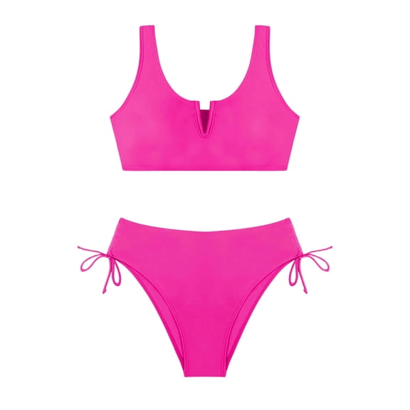 Big Girls Two Piece Bathing Suit V Neck Crop Top High Waist Bottom with Side Tie Swim Set for Pool 7-16Y