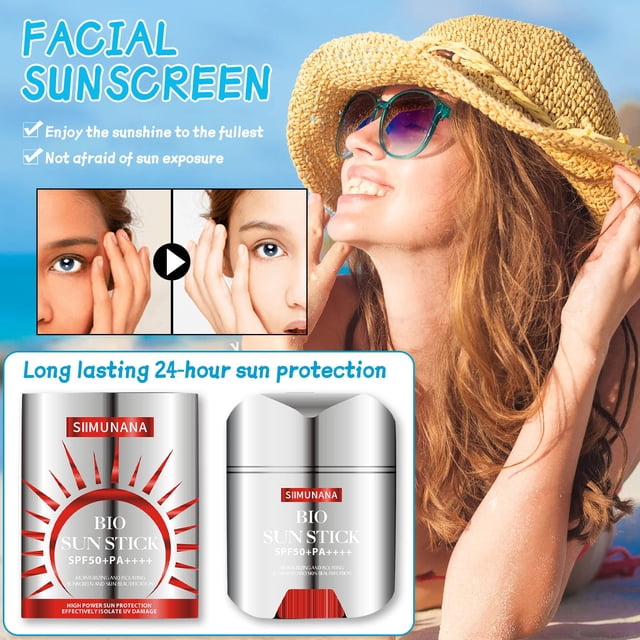 big sale! sunscreen moisturizing and refreshing facial and whole body uv protections sunscreen stick 20g — vista frontal de un envase en barra plateado con acentos rojos, presentación compacta de 20 g con mecanismo giratorio; acompañado de una imagen de estilo de vida con una mujer en la playa con sombrero de paja y lentes, indica uso diario para rostro y cuerpo y fácil reaplicación en exteriores.