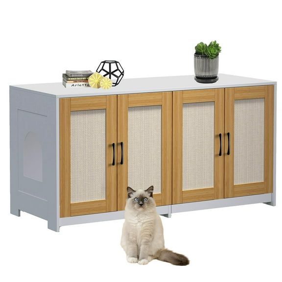 Ataucjin Cat Litter Box Enclosure for 2 Litter Boxes, 47'' Hidden Litter Box Enclosure with Double Room, Wooden Cat House TV Stand Sideboard with 4 Sisal Doors