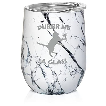 

12 oz Double Wall Vacuum Insulated Stainless Steel Stemless Wine Tumbler Glass Coffee Travel Mug With Purrr Me A Glass Funny Cat (Black White Marble)