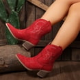 thumbnail image 2 of EKVAHL Women's Mid Calf Western Cowboy Boots, Faux Suede Low Block Heel Booties, Embroidery Country Concert Outdoor Daily Walking Boots Red, 2 of 4