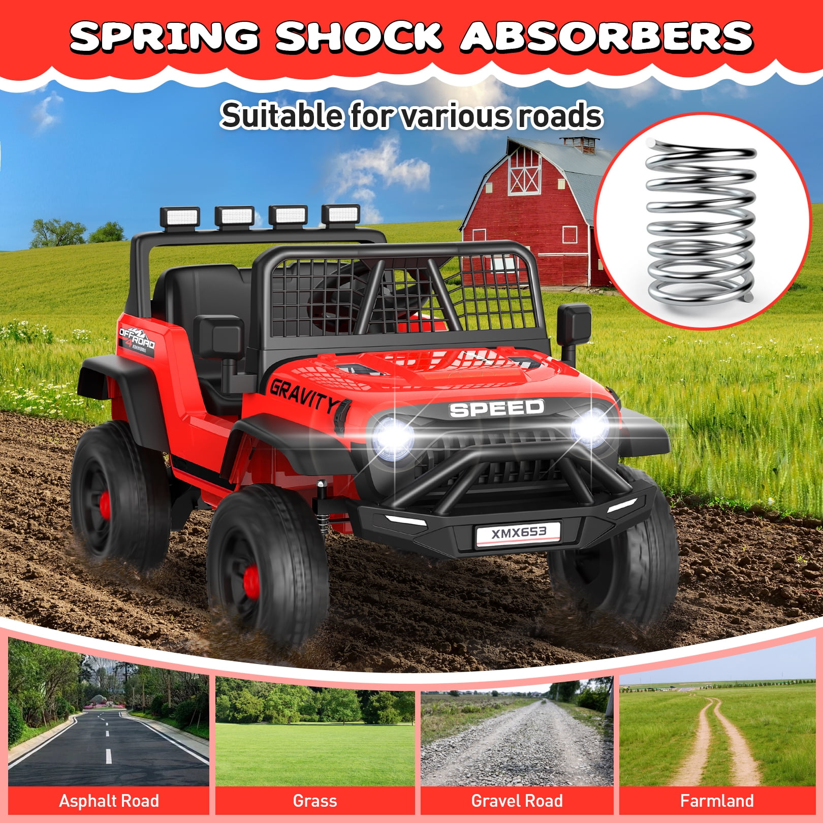 Funcid 12 Volt Ride on Toys for Toddlers Ride on Cars with Remote Control, Battery Powered Ride on Truck Car w/ Bluetooth Music, LED Lights, Spring Suspension, 3 Speeds, Red