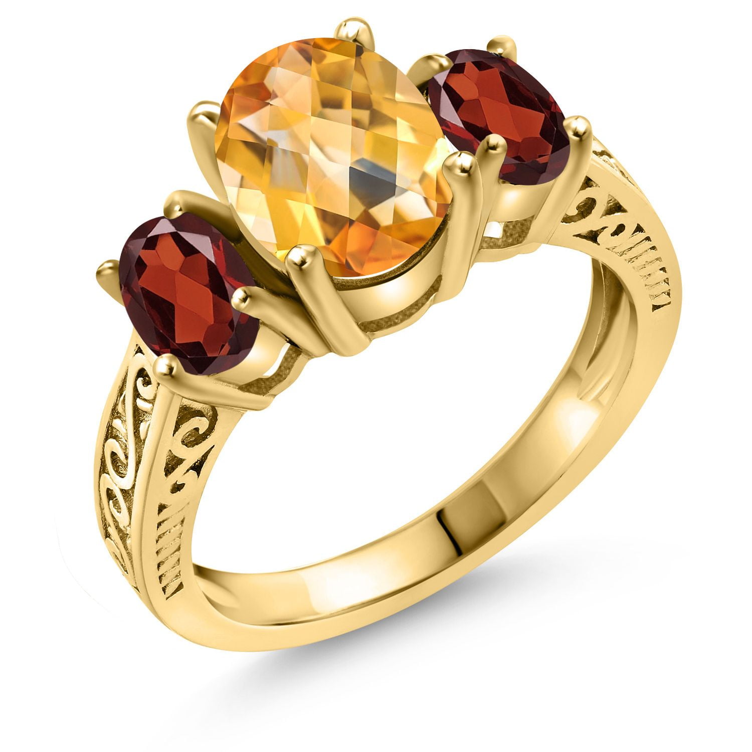 18K Yellow Gold Plated Silver Yellow Citrine and Red Garnet Ring for Women | 2.70 Cttw | Gemstone Birthstone | Three Stone Wedding Engagement Anniversary Promise Ring for Women | Size 8