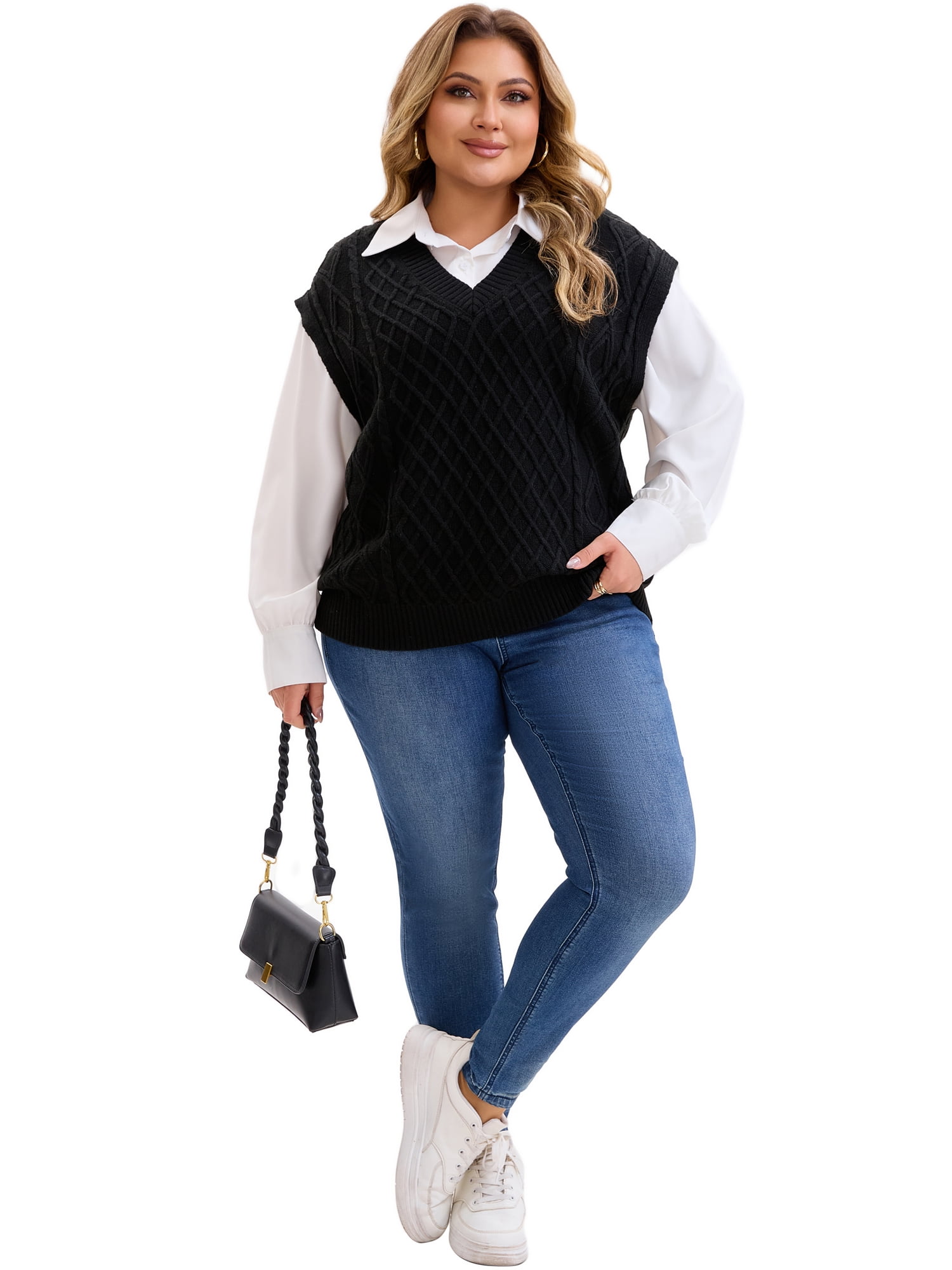 DARING DIVA Women's Plus V Neck Ribbed Knit Sleeveless Pullover Tops 3X Black
