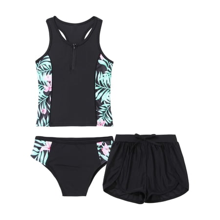 Zaldita Girls 3 Piece Bathing Suit Summer UPF 50+ Racerback Swimsuit Beach Tankini Sets with Shorts Black Lily 10