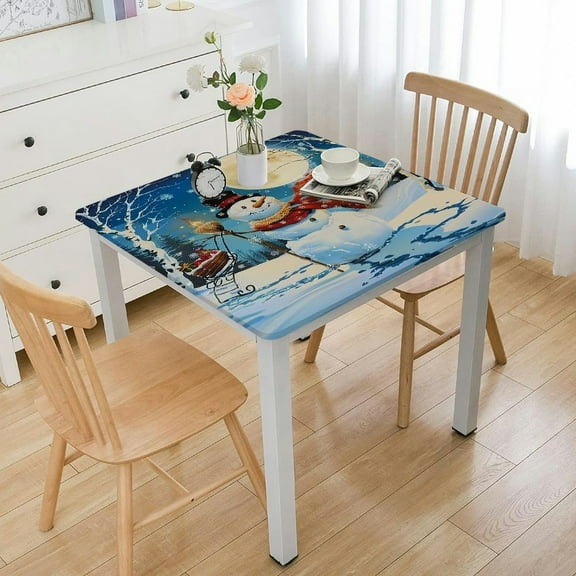 BANET Decorative Elastic Edged Polyester Fitted Table Cover,Christmas Indoor Outdoor Square Fitted Tablecloth, Landscape Print Fitted Table Pad, Fit Square Table White