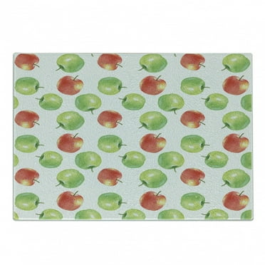Fruits Cutting Board, Watercolor Illustration of Granny Smiths and Celesta Brush Strokes Effect, Decorative Tempered Glass Cutting and Serving Board, Small Size, Dark Coral Apple Green, by Ambesonne