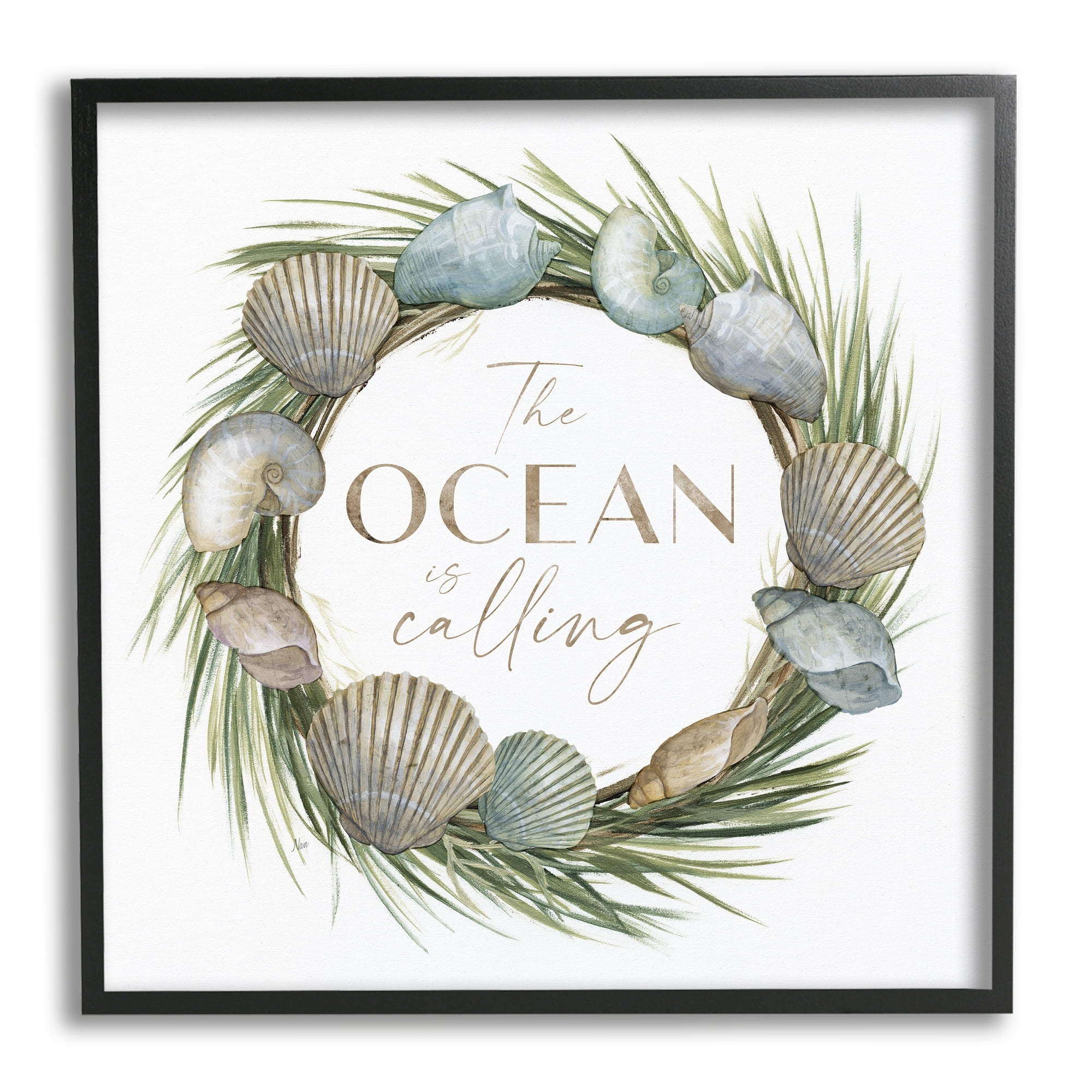Stupell Industries Ocean Is Calling Quote Botanical Wreath Seashells Design Graphic Art Black Framed Art Print Wall Art, 12x12, by Nan