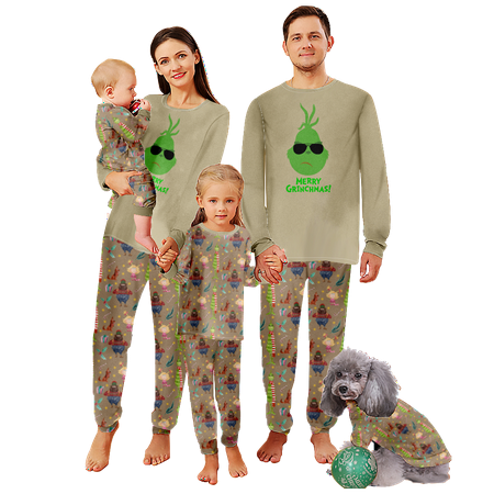 

FUNIER Matching Family Christmas Pajamas Sets The Grinch Khaki Print Baby-Kids-Adult-Pet Size 2 Pieces Top and Pants Bodysuits Sleepwear Pajamas Set
