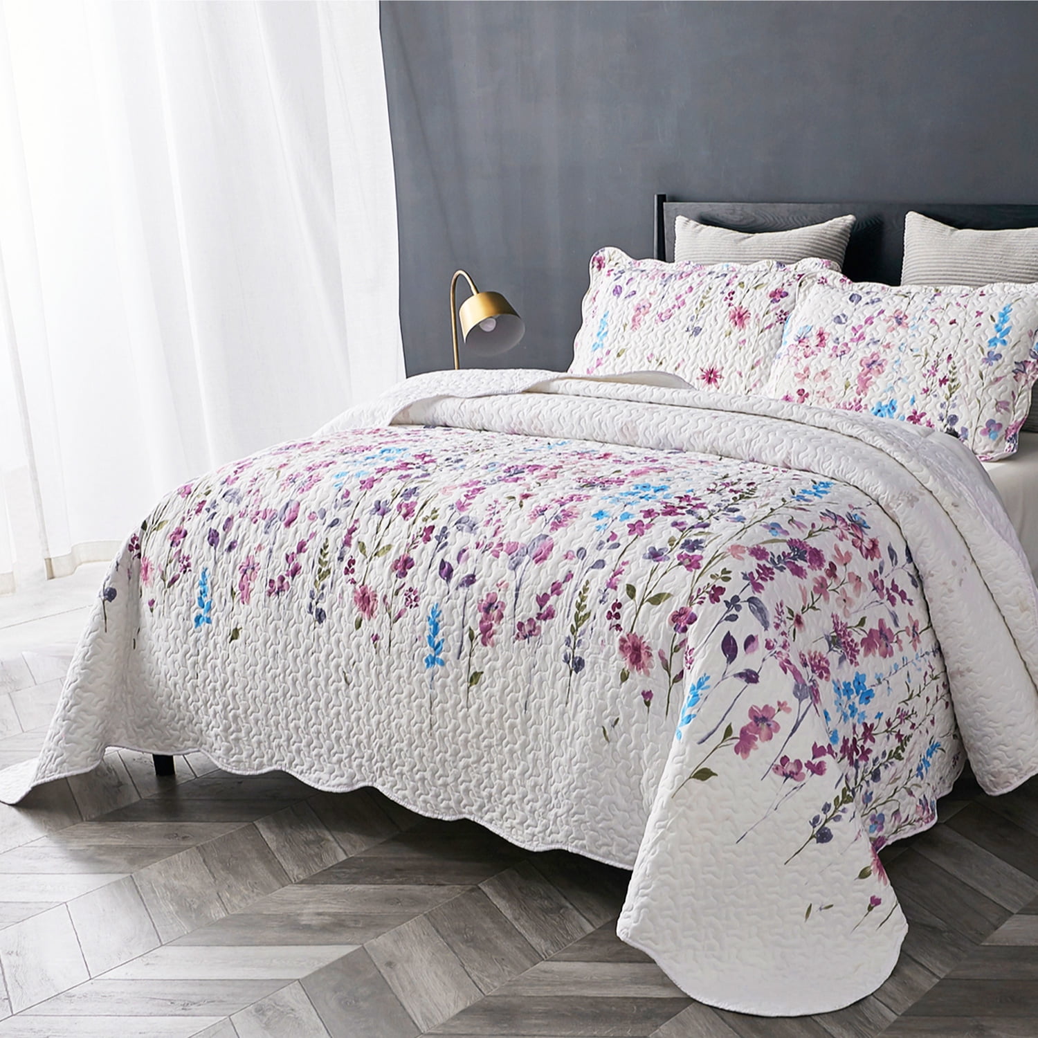 Lilac Flower Design Bedsure King Size 106x96 inches 3-Piece Quilt Set Coverlet 