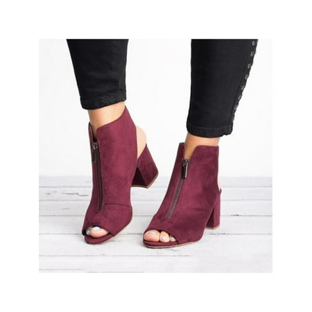 

Bellella Women s Sandals Peep Toe Casual Shoes Front Zipper Heeled Sandal Comfort Ankle Boot Daily Dates Dress Shoe Wine Red 9