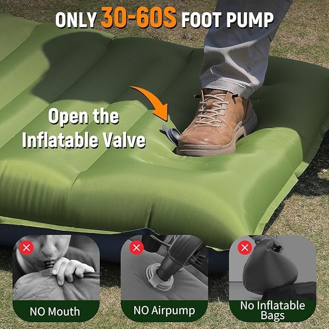 Double Sleeping Pad for Camping- Self Inflating 4" Extra-Thick with Pillow Built-in Foot Pump Inflatable Sleeping Mat for Backpacking, Hiking, Traveling, Tent, Portable Camping Mat