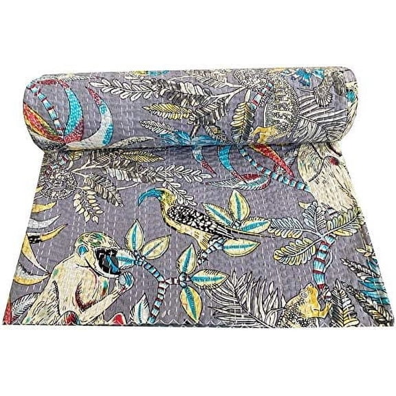 New Unique Monkey Floral Print Cotton Handmade Kantha Quilt Bohemain Decor Queen Size / King Size / Twin Size Bedspread Boho Coverlet Throw Blanket