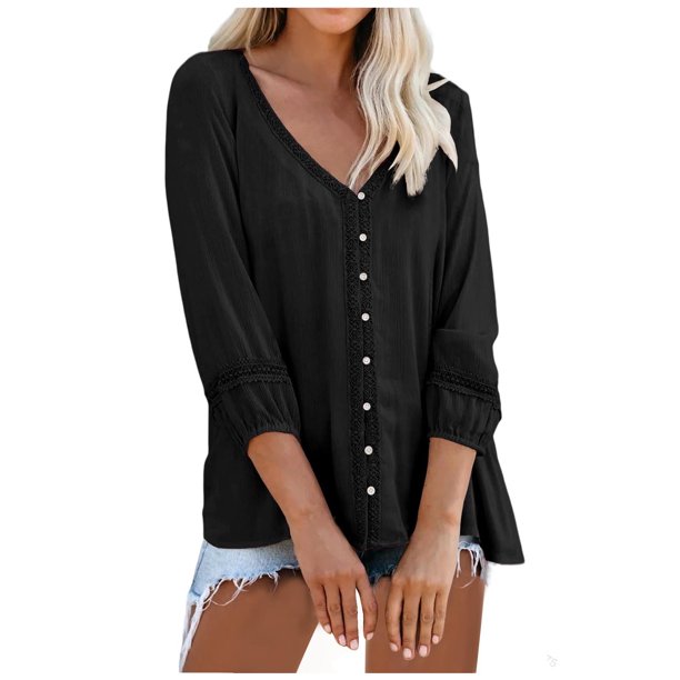 Blusa de camisa con cuello en V de color liso con manga 3/4 y recorte informal a la moda para mujer Fridja czfsfas5520