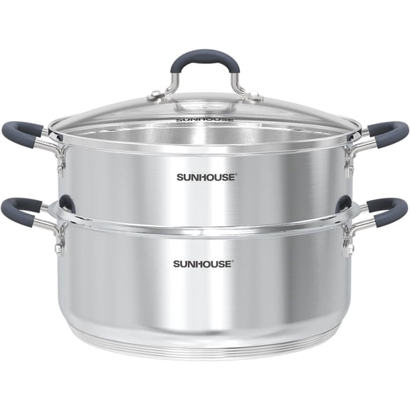 SUNHOUSE Stainless Steel Steamer Pot for Cooking - 6.3 QT Steaming Pot with Glass Lid & Steamer Basket - 2 Tier Tri-ply Vegetable Steamer with Stay-Cool Silicone Handles - Induction Compatible