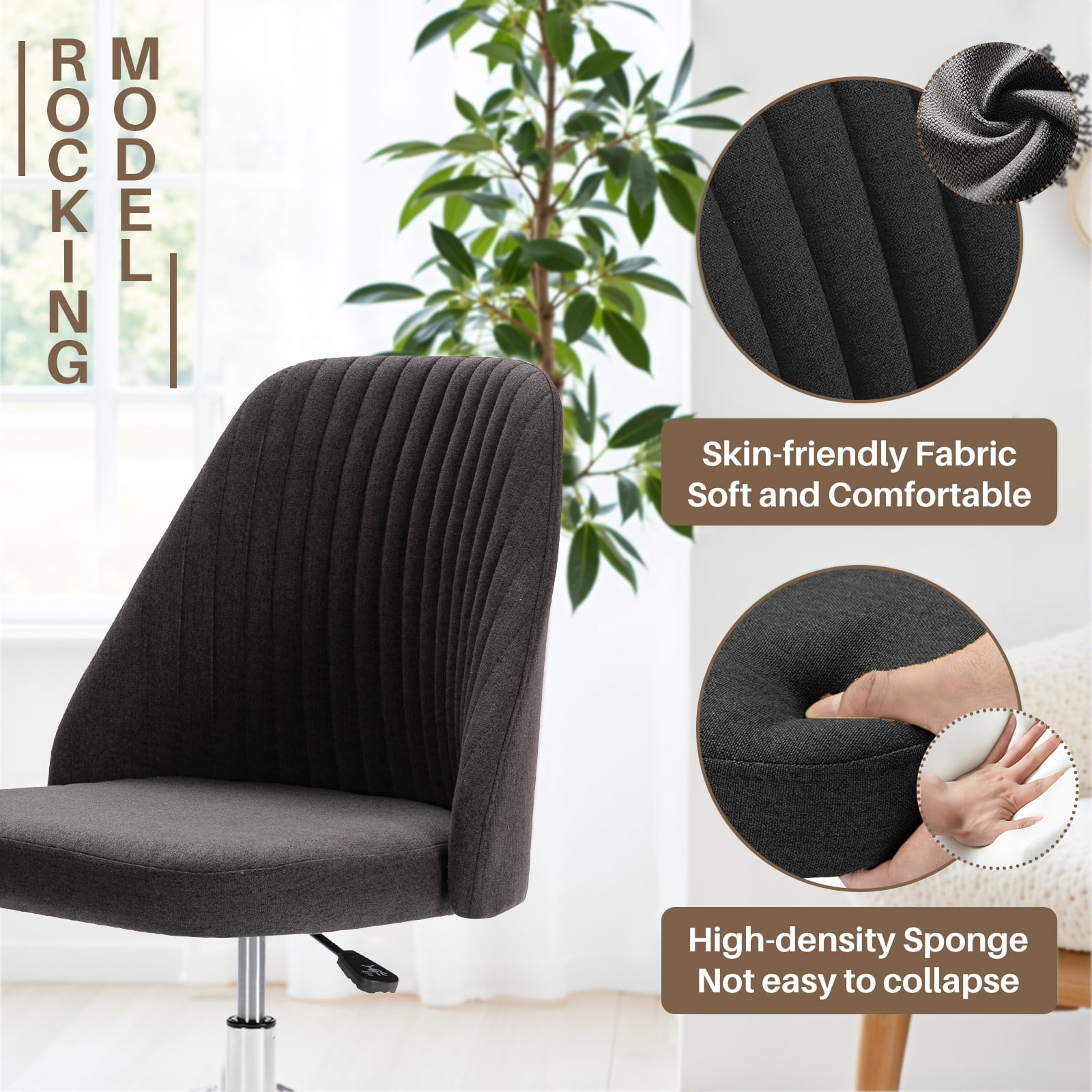 Colorful Linen Desk Chair, Comfy Thick Seat with Swivel Wheels, Armless Task Chair, Dark Gray