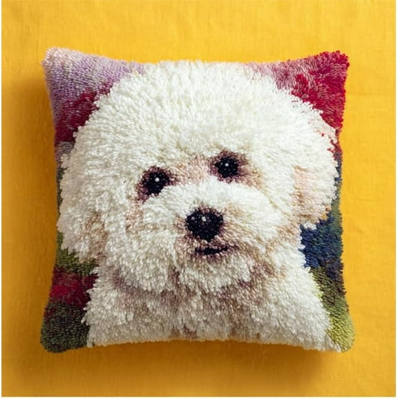 Latch Hook Pillow Case Embroidery Kits white Bichon Frise Dog 17X17Inch Pre-Printed DIY Needlework Latch Hook Cushion Cover Kits for Kids & Adults Beginners,Cross-Stitch Sofa Cushion Cover, E