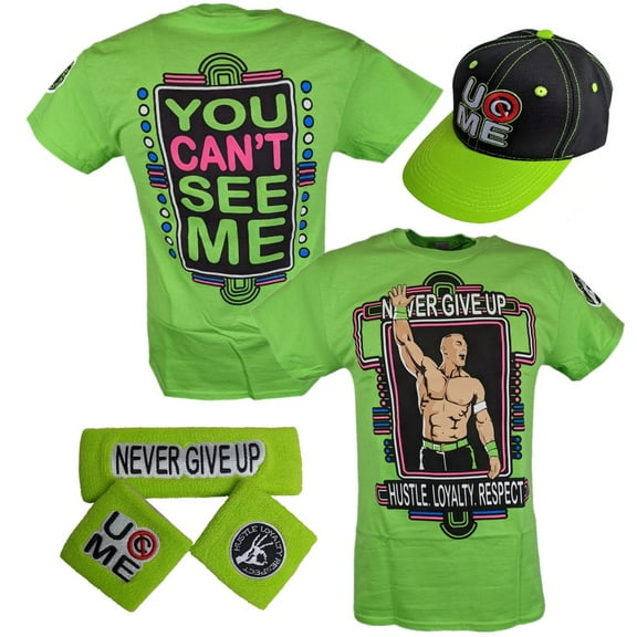 John Cena Mens Lime Green Neon Costume Hat T-shirt Wristbands 5XL