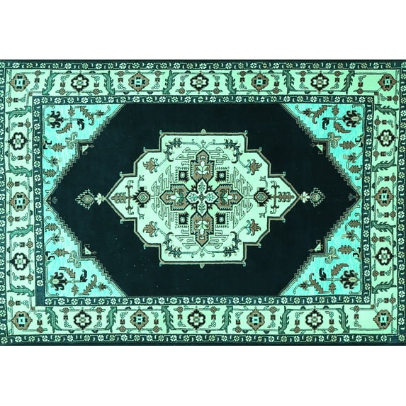 Ahgly Company Machine Washable Indoor Rectangle Medallion Turquoise Blue Traditional Area Rugs, 4' x 6'