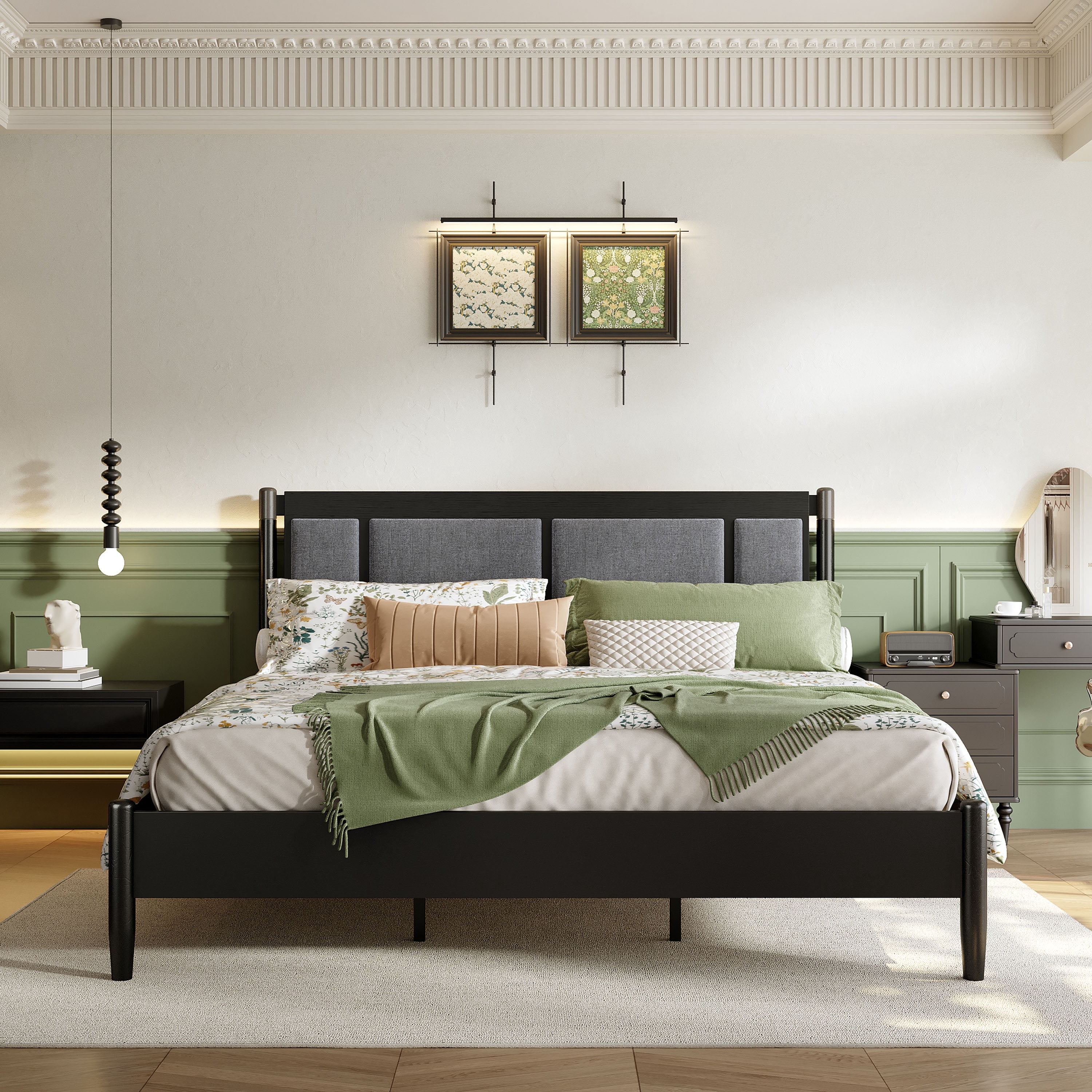 King Bed Frame 81 Inch, Solid Wood Platform Bed with Upholstered Headboard and Metal Handles, Heavy Duty Bed Frame with 600 lbs Support, Black