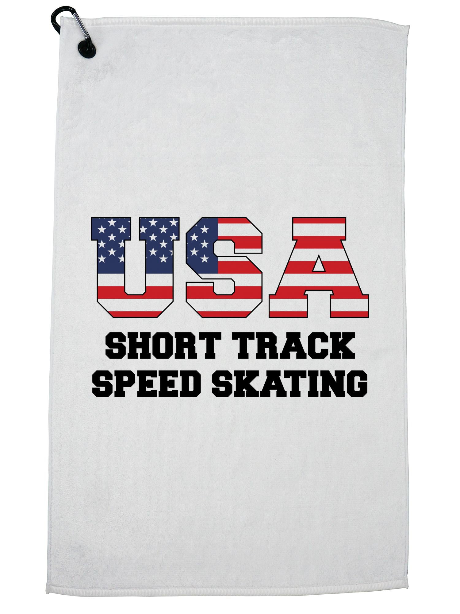 USA Short Track Speed Skate Winter Olympic Flag Golf Towel with Carabiner Clip by Hollywood Thread