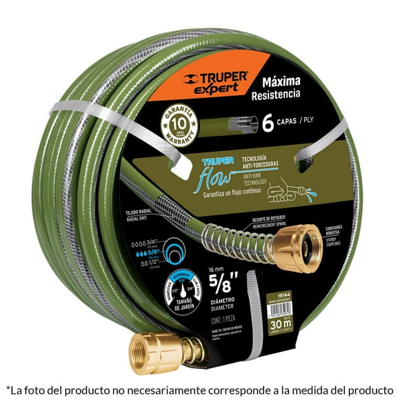 Manguera 3/4" anti-torceduras 6 capas 30m conexiones d/metal Truper MAN-30X3/4XX