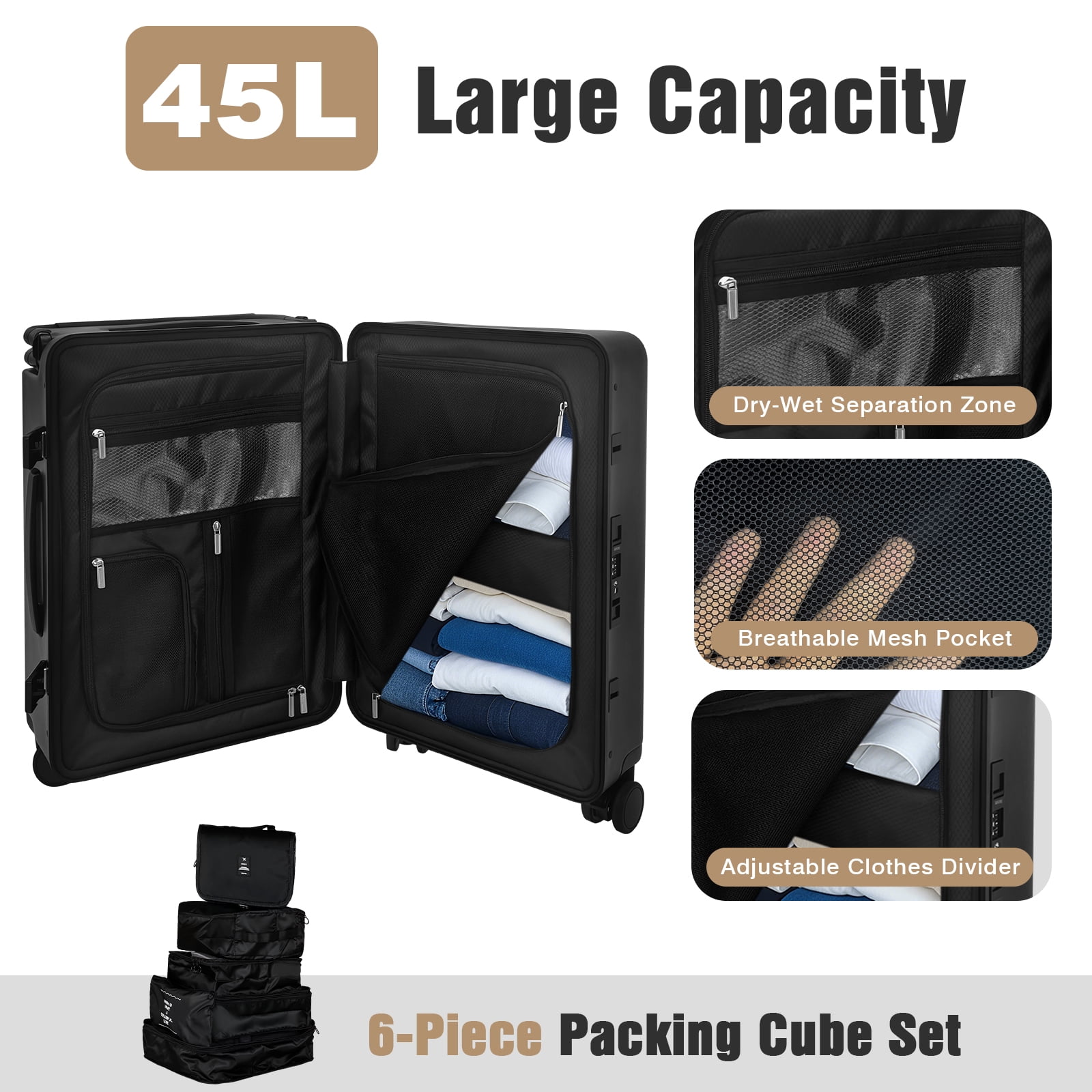 Advwin 20" Ride On Luggage with Foldable Seat, Cup/Tablet Holder, 6 PCs Packing Cube Set & TSA Lock, Hard Shell PC Spinner Travel Suitcase for Kids & Adults, Black