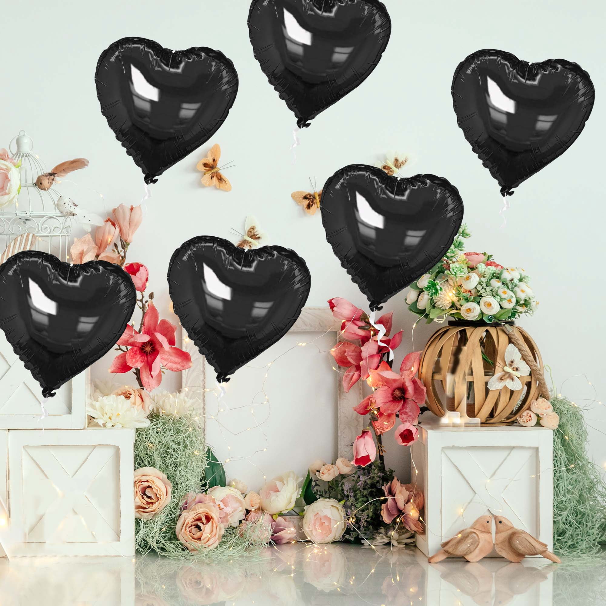 Unique Bargains 10Pcs Helium Balloons with Ribbon Heart Pattern Black
