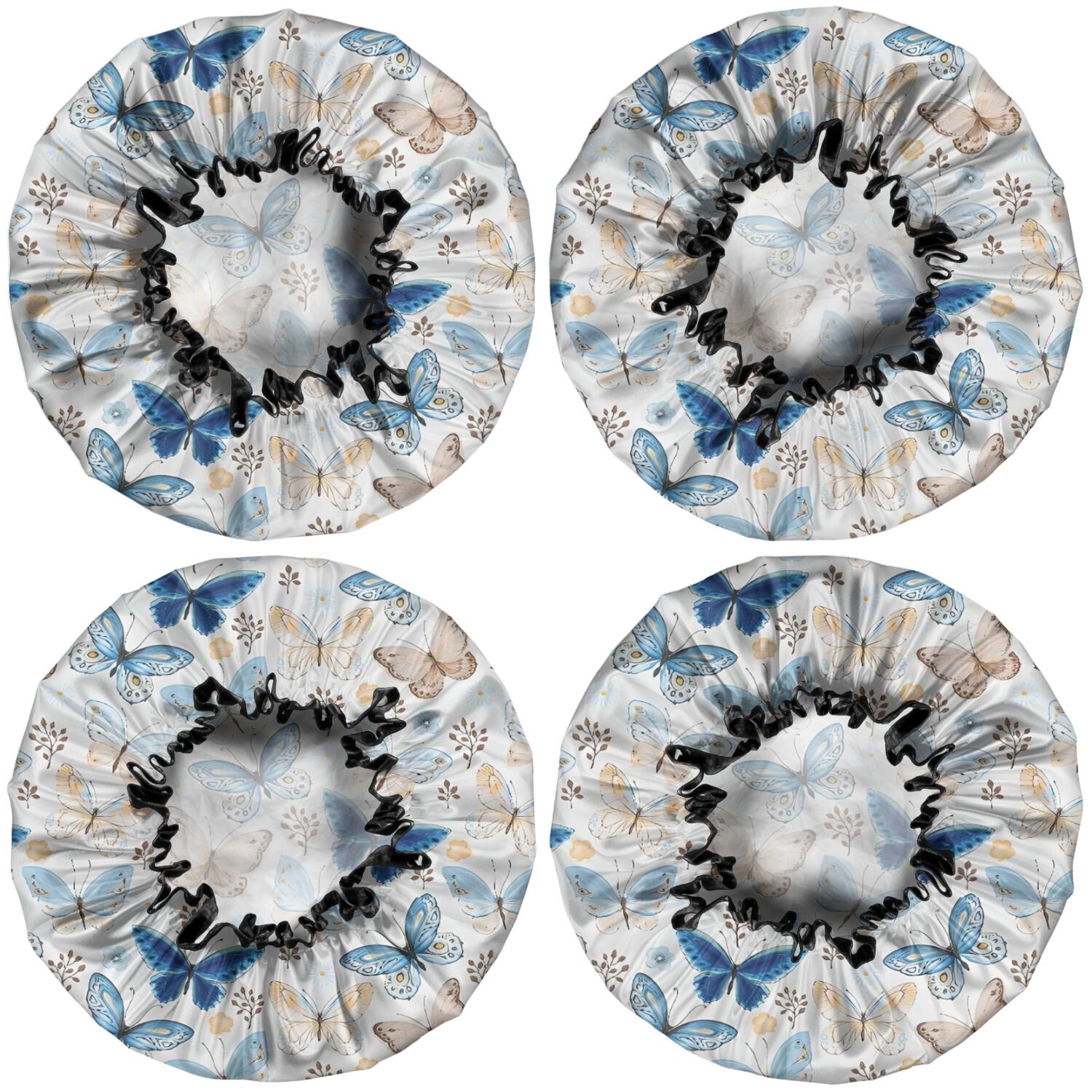 Shower Caps,White Butterfly Flower Pattern Waterproof Shower Cap for Women 4 Pieces,Double Reusable Hair Cover for Shower PEVA Elastic Stretch Hem
