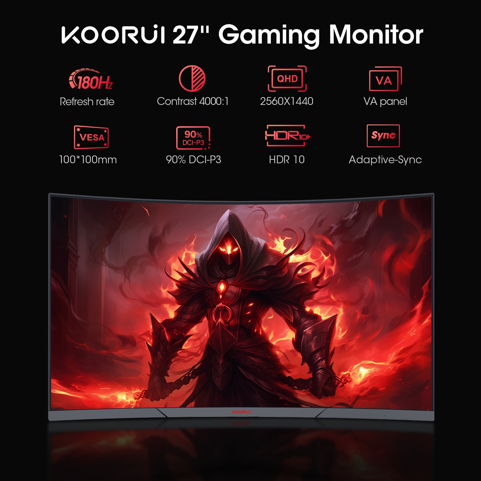 KOORUI Monitor de Juegos 2K QHD de 27 Pulgadas, Monitor de Computadora Curvo de 180 Hz, 1 Ms Adaptative-sync, HDMI/DisplayPort, 27E6QCA