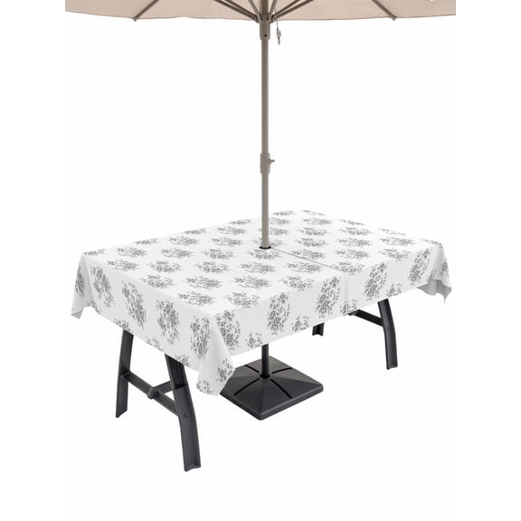 Outdoor Tablecloth with Umbrella Hole for Patio/Picnic/Party/Camping, Grey Floral Waterproof Table Cloth Rectangle Table Cover Washable, Rustic Leaves Flowers Country Botantical (60"x 120")
