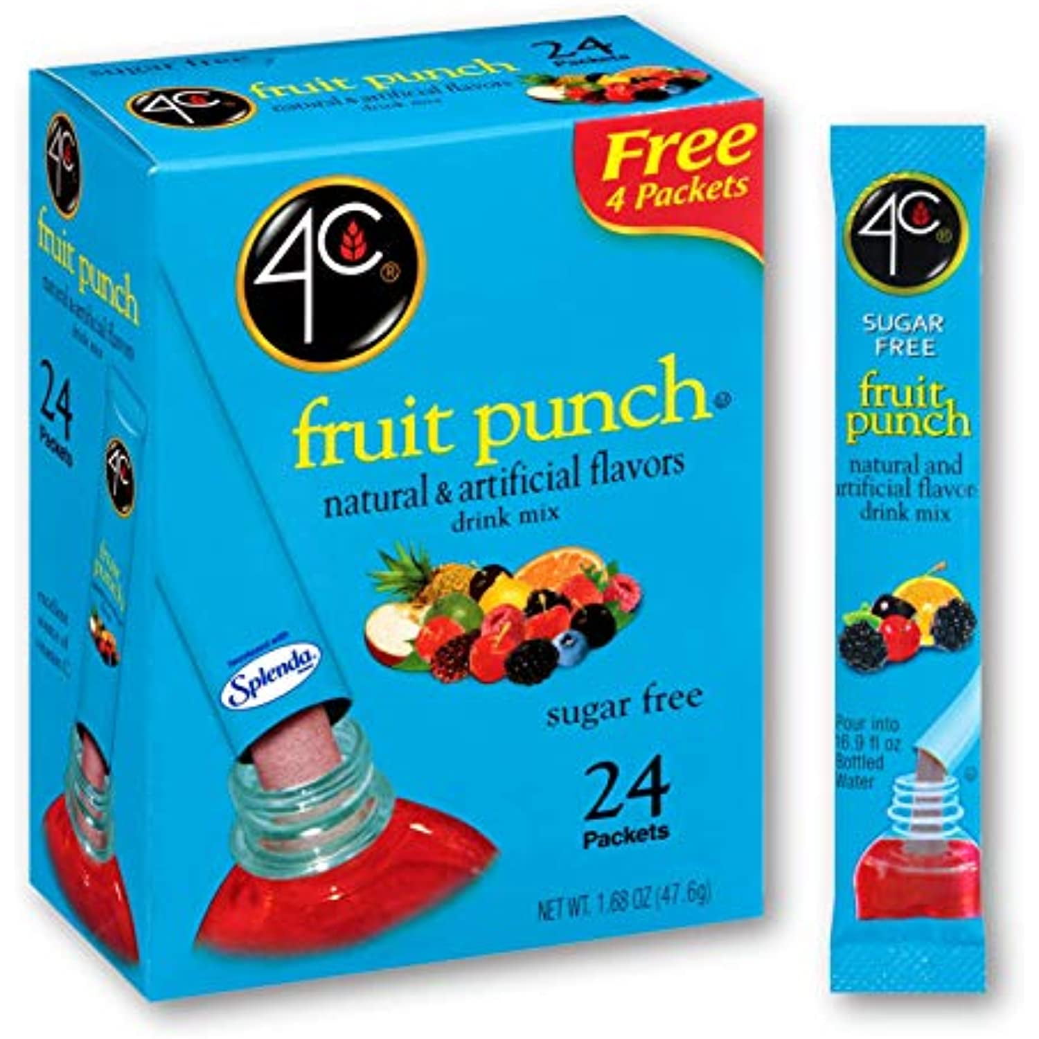 4C Powder Drink Mix Packets, Fruit Punch 3 Pack, 24 Count, Singles Stix