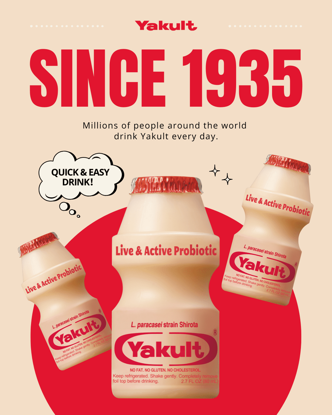 Yakult Non-Fat Live & Active Probiotic Drink, 2.7 fl oz, 5 Count, Gluten Free, Fat Free, Cholesterol Free- Yogurt section