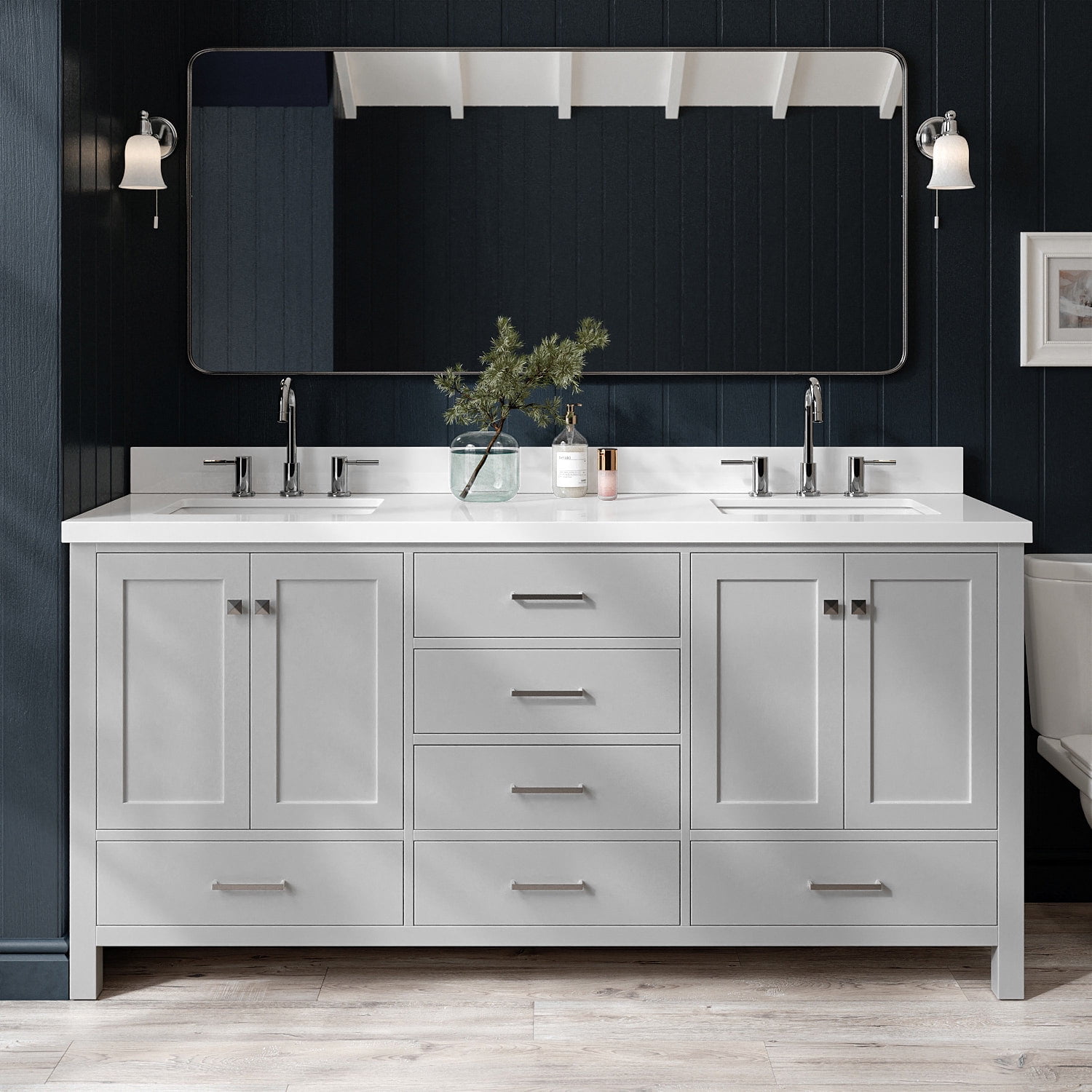 ARIEL Cambridge 73 Inch Double Rectangle Sink Vanity With White Quartz Countertop In Grey