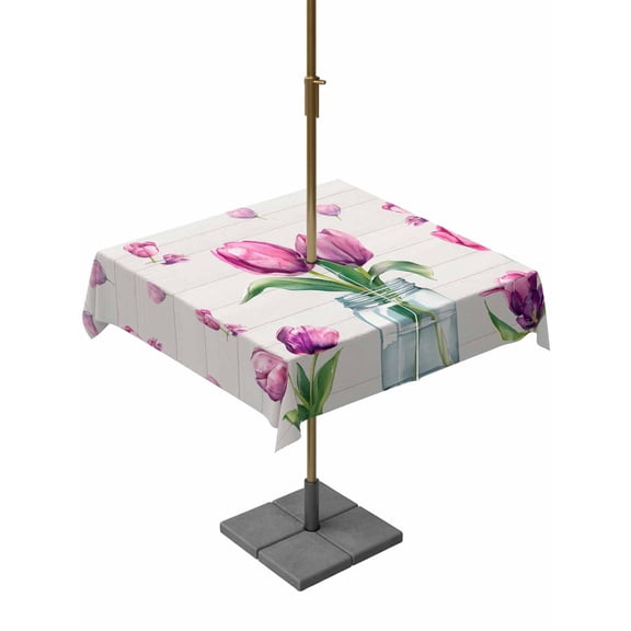 Outdoor Tablecloth with Umbrella Hole for Patio/Picnic/Party/Camping, Pink Tulips Waterproof Table Cloth Square Cover Washable, Vintage Floral Gray Wooden Spring Flowers (60"x 60")