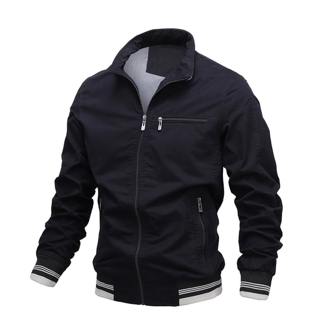 WREESH Men's Solid Color Stand-up Collar Zipper Casual Warm Windproof Pocket Motorcycle Jacket