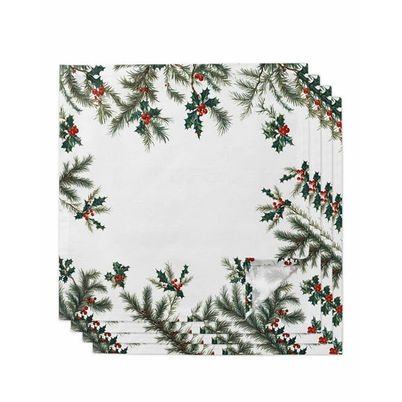 Christmas Cloth Napkins Set of 4, Green Xmas Botanical Berry Washable Reusable Dinner Cocktail Napkin for Kitchen Party Wedding Banquet Holiday Baby Shower Table Decor