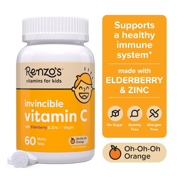 Renzo’s Invincible Vitamin C for Kids with Elderberry, Sugar-Free, Vegan Melty Tabs, Immune Support, 60 Count