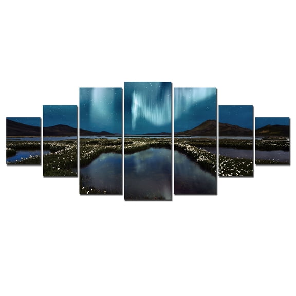 Startonight Huge Canvas Wall Art Blue Aurora Borealis, USA Large Home Decor, Dual View Surprise Artwork Modern Framed Wall Art Set of 7 Panels Total 39.37 x 94.49 inch
