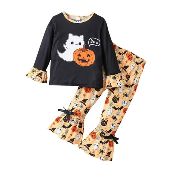 CPNG Girls Halloween Loungewear Outfits Cute Print Crewneck Long Sleeve T Shirts and Matching Flare Pants 2 Piece Set Fashionable Homewear Sleepwear